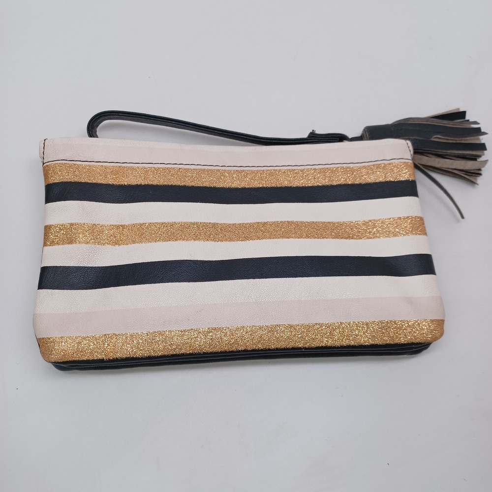 Luv Betsey by Betsey Johnson Striped Glitter Wristlet Pouch Black Gold Cream - Picture 4 of 13